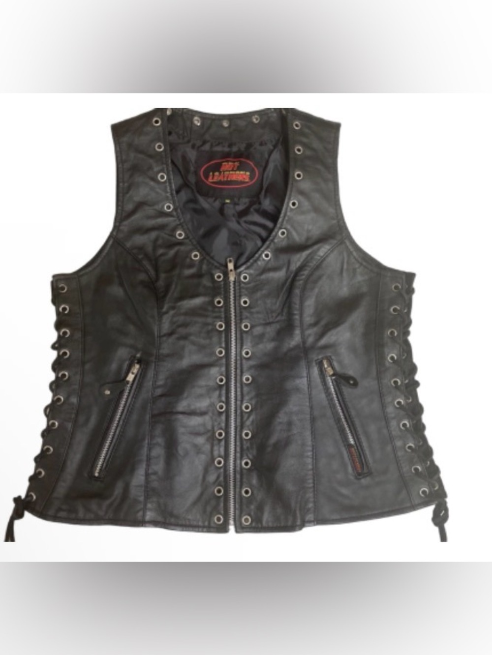 Hot leather Black Leather Lace-Up zip front Motorcycle Vest
